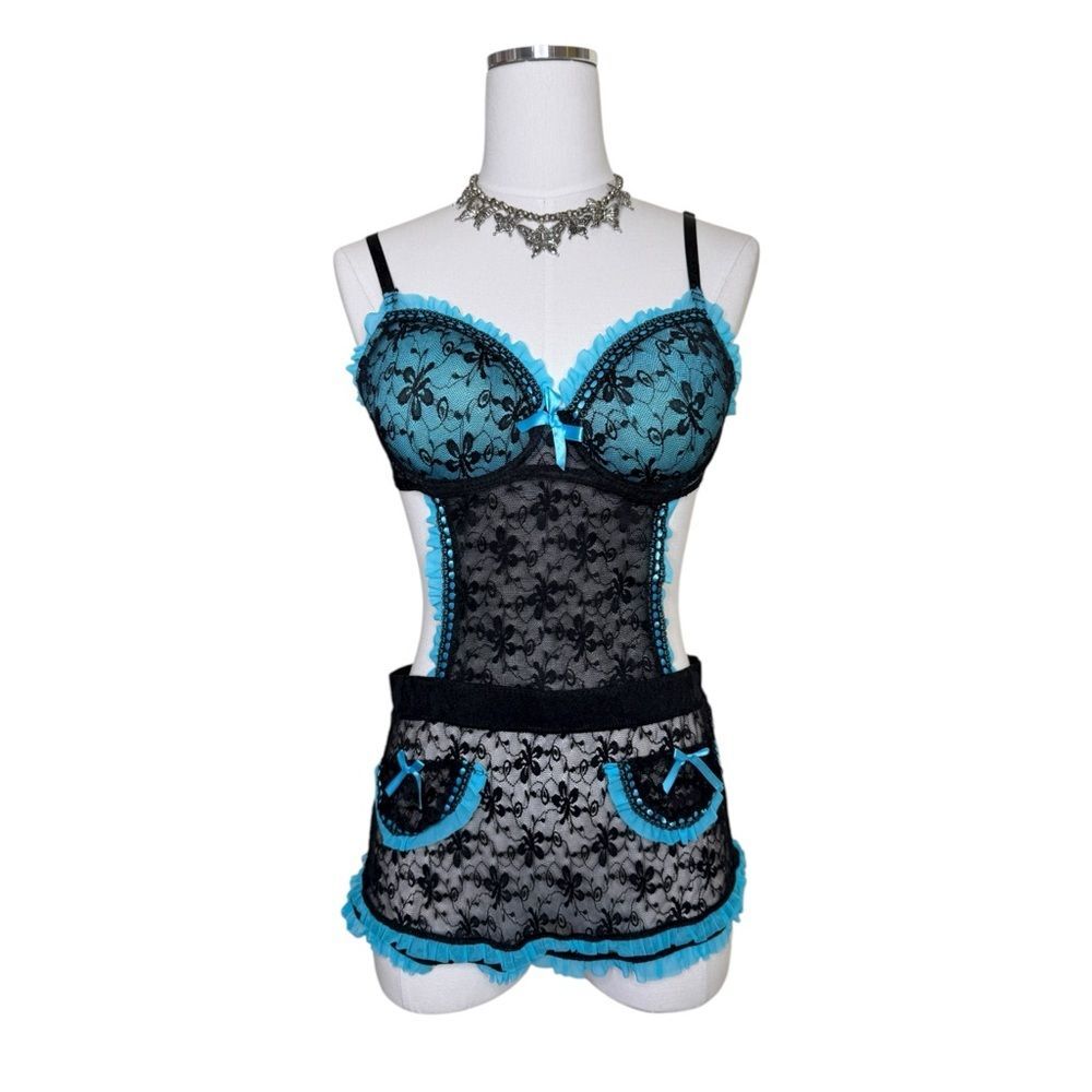 Y2K Native Intimates Black + Blue Lace Ruffle Bow Apron Lingerie Bra Size 34C